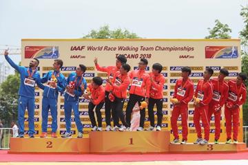 20km team medallists Italy, Japan and China at the IAAF World Race Walking Team Championships Taicang 2018 (Getty Images)