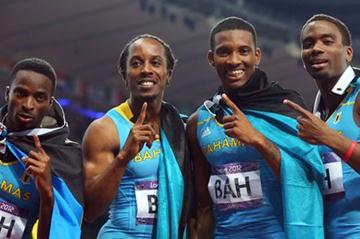 Chris Brown of the Bahamas, Demetrius Pinder of the Bahamas, Michael Mathieu of the Bahamas and Ramon Miller of the Bahamas celebrate winning gold in the Men's 4 x 400m Relay Final on Day 14 of the London 2012 Olympic Games at Olympic Stadium on August 10, 2012  (Getty Images)