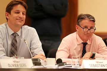 IAAF CEO Olivier Gers and IAAF President Sebastian Coe at the 209th IAAF Council Meeting in London (Chris Lee / IAAF)
