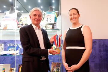 Czech Athletics Federation President Libor Varhanik and Jana Pittman at the IAAF Heritage Exhibition in Ostrava (Getty Images)