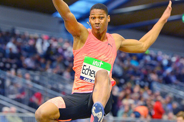 Juan Miguel Echevarria in the long jump at the IAAF World Indoor Tour meeting in Karlsruhe (Jiro Mochizuki)