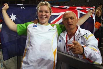 Dani Samuels of Australia celebrates winning the gold medal in the women's Discus with Coach Denis Knowles in the Berlin Olympic Stadium (Getty Images)