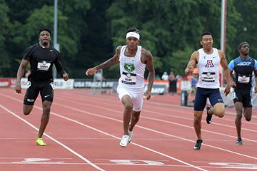 Howard Fields wins the US U20 400m title in Bloomington (Kirby Lee)