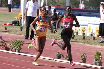 Joyline Cherotich outsprinting Fantu Worku Taye to take the 1500m at the African junior championships (organisers)