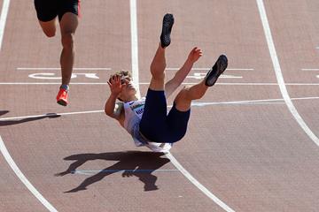 Jason Nicholson of Great Britain tumbles across the finish of his heat in the 110m hurdles at the IAAF World U20 Championships Tampere 2018 (Getty Images)