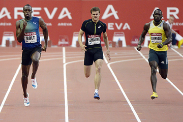 Usain Bolt, Christophe Lemaitre and Nickel Ashmeade in action at the IAAF Diamond League meeting in Paris (AFP / Getty Images)