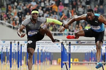 Omar McLeod en route to winning the 110m hurdles at the 2016 IAAF Diamond League meeting in Shanghai (Errol Anderson)