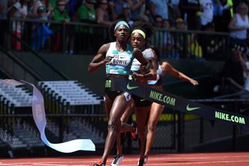 Tori Bowie wins the 200m at the 2016 IAAF Diamond League meeting in Eugene (Kirby Lee)