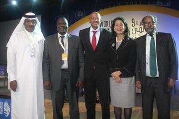 IAAF Vice President Dahlan Al-Hamad (QAT), IAAF Area Representative Hamad Kalkaba Malboum (CMR), IAAF Athletes Commission Vice Chairman Frankie Fredericks (NAM), IAAF Council Member Nawal El Moutawakel (MAR) and Fekrou Kidane in Doha (IAAF.org)