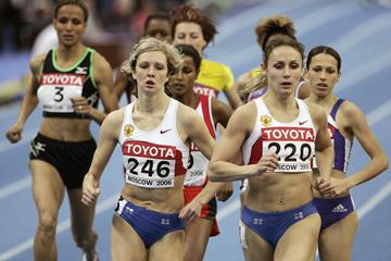 left to right - Yelena Soboleva and Yulia Fomenko (then Chizhenko) compete at the 2006 World Indoor Championships (AFP / Getty Images)