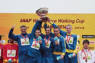 Ukraine celebrates their team gold medal in the men's 20km at the 2014 IAAF World Race Walking Cup in Taicang (Getty Images)