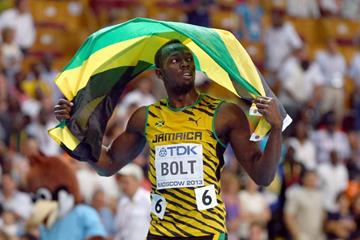 Usain Bolt after winning the 100m at the IAAF World Championships Moscow 2013 (Getty Images)