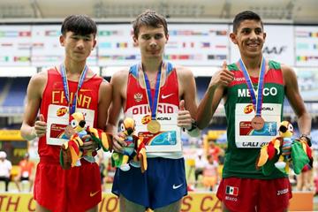 Boys' 10,000m race walk podium at the IAAF World Youth Championships, Cali 2015 (Getty Images)