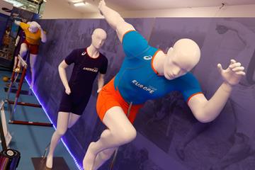 Running mannequins wearing IAAF Continental Cup Team bodysuits - IAAF Heritage Exhibition, Ostrava (Getty Images for IAAF)