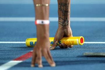 Morgan Mitchell of Australia lines up in the opening round of the women's 4x400m in Nassau (Getty Images)