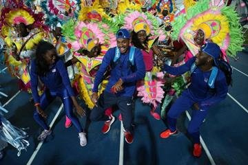 Members of the USA team celebrate with Junkanoo dancers after the IAAF/BTC World Relays Bahamas 2017 (Getty Images)
