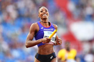 Shaunae Miller-Uibo after anchoring Team Americas to victory in the 4x400m mixed relay (Getty Images)