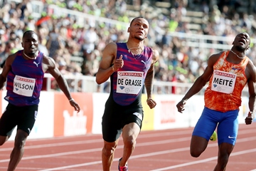 Andre De Grasse wins the 100m at the IAAF Diamond League meeting in Stockholm (Giancarlo Colombo)