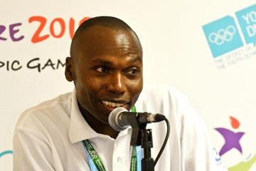 Wilson Kipketer speaking at a press conference on eve of the opening of the Youth Olympic Games (SPH-SYOGOC /Natashia Lee Xin Rui)