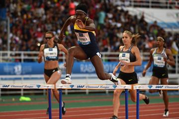 Janieve Russell in the 400m hurdles at the IAAF Diamond League meeting in Rabat (Kirby Lee)