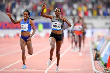 Hellen Obiri wins the 3000m at the IAAF Diamond League meeting in Doha (Jiro Mochizuki)