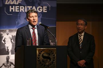 Seb Coe and Hiroshi Yokokawa at IAAF/LOC Dinner - World Athletics Heritage Plaque announcement, IAAF World Relays Yokohama 2019 (Roger Sedres for the IAAF)