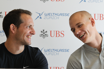 Renaud Lavillenie and Sam Kendricks at the press conference for the IAAF Diamond League meeting in Zurich (Jean-Pierre Durand)