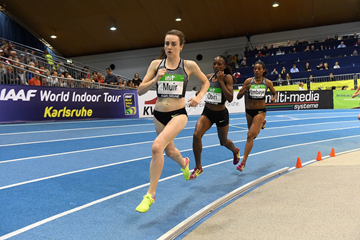 Laura Muir on her way to winning the 3000m at the IAAF World Indoor Tour meeting in Karlsruhe (Jiro Mochizuki)