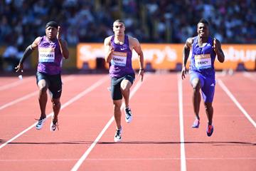Marvin Bracy (left) on his way to winning the 100m at the 2015 IAAF Diamond League meeting in Birmingham (Jean-Pierre Durand)