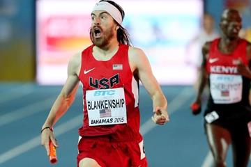 Ben Blankenship anchors the USA to victory in the distance medley at the IAAF/BTC World Relays, Bahamas 2015 (Getty Images)