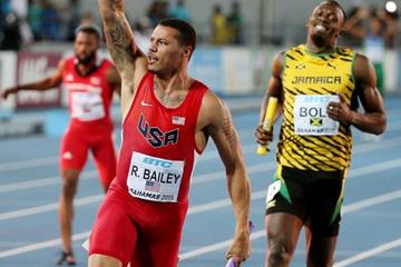 Ryan Bailey anchors the USA to 4x100m victory ahead of Jamaica at the IAAF/BTC World Relays, Bahamas 2015 (Getty Images)