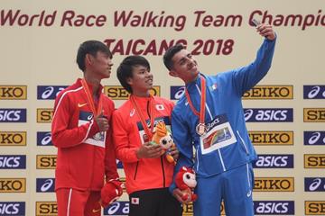 20km medallists Wang Kaihua, Koki Ikeda and Massimo Stano at the IAAF World Race Walking Team Championships Taicang 2018 (Getty Images)