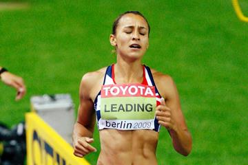Jessica Ennis crosses the line to win the heptathlon at the 2009 IAAF World Championships in Berlin (Getty Images)