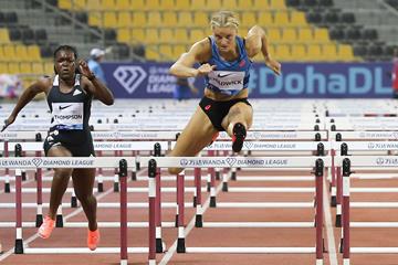 Payton Chadwick on her way to winning the 100m hurdles at the Wanda Diamond League meeting in Doha (AFP / Getty Images)