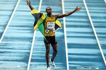 Usain Bolt after winning the 100m at the IAAF World Championships Moscow 2013 (Getty Images)