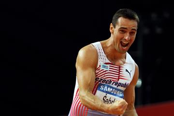 Roman Sebrle of the Czech Republic celebrates a clearance in the heptathlon high jump in Doha (Getty Images)
