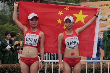 Duan Dandan and Yang Jiayu, the top two finishers in the junior 10km at the 2014 IAAF World Race Walking Cup in Taicang (Getty Images)