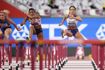Nafi Thiam and Katarina Johnson-Thompson side by side in the heptathlon 100m hurdles at the IAAF World Athletics Championships Doha 2019 (Getty Images)