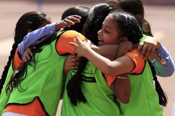 Children celebrate at the IAAF / Nestlé Kids’ Athletics workshop in New Delhi (AFI)