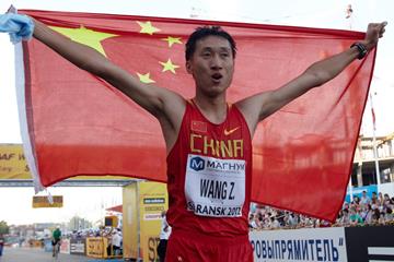 China's Wang Zhen celebrates his victory in the 20km at the 2012 IAAF World Race Walking Cup (Getty Images)
