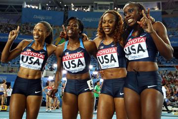 (L-R) Allyson Felix, Francena McCorory, Sanya Richards-Ross and Jessica Beard of the USA celebrate victory in the women's 4x400 metre relay final (Getty Images - Bongarts)