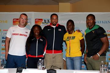 Richard Kilty, Bianca Knight, Wallace Spearmon, Kerron Stewart and Yohan Blake at the press conference ahead of the IAAF World Relays in Nassau (Getty Images)