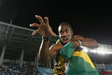 Yohan Blake of Jamaica poses as the 'beast' after Jamaica set a new world record of 1:18.63 in the Men's 4x200 metres relay during day one of the IAAF World Relays (Getty Images)