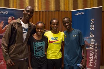 Asbel Kiprop, Mercy Cherono, Eunice Sum, Ezekiel Kemboi at the Doha 2014 IAAF Diamond League press points (Doha LOC)