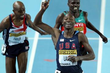 Bernard Lagat celebrates as he crosses the line to win gold ahead of Mo Farah and Edwin Sol in the men’s 3000m in Istanbul (Getty Images)