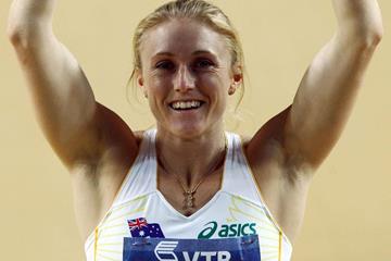 Sally Pearson of Australia celebrates her 60m hurdles win (Getty Images)