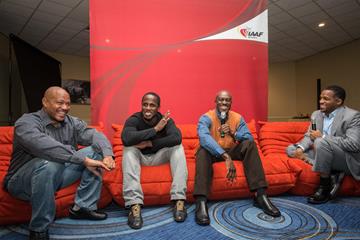 Maurice Greene, Dwight Phillips and Allen Johnson talk to Ato Boldon in Monaco (Philippe Fitte)
