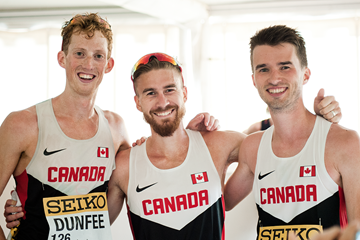 Evan Dunfee, Inaki Gomez and Ben Thorne after the men's 20km at the IAAF World Race Walking Team Championships Rome 2016 (IAAF)