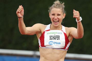 Carolin Schafer celebrates her lead in the heptathlon in Ratingen (Gladys Chai von der Laage)