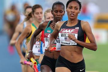 USA's Ajee Wilson leads the 4x800m at the IAAF World Relays in Nassau (Getty Images)